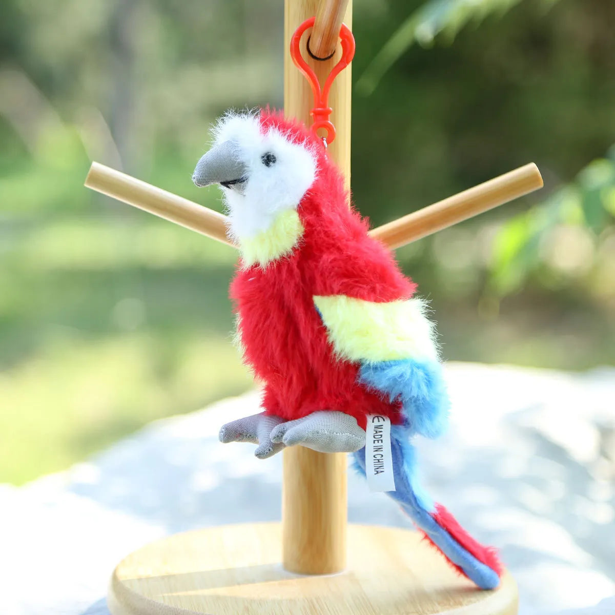 Mini guacamayo rojo de peluche de 12 cm con clip plástico, fotografía del proveedor