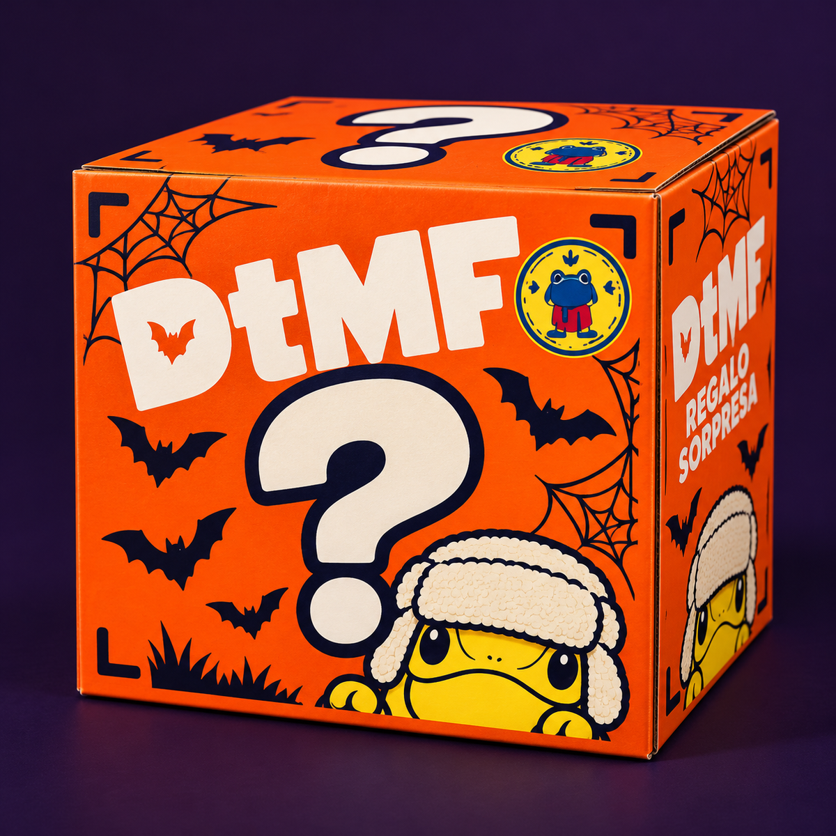 Diseño ilustrativo naranja de caja regalo sorpresa DTMF; contenido aleatorio.
